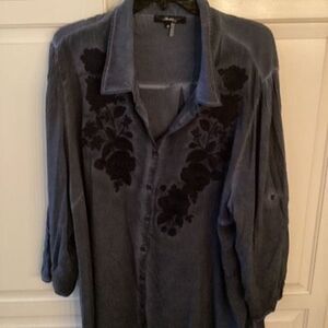 Andree By Unit Embroidered 3/4 Sleeve Button Down Top Sz 3X Blue
